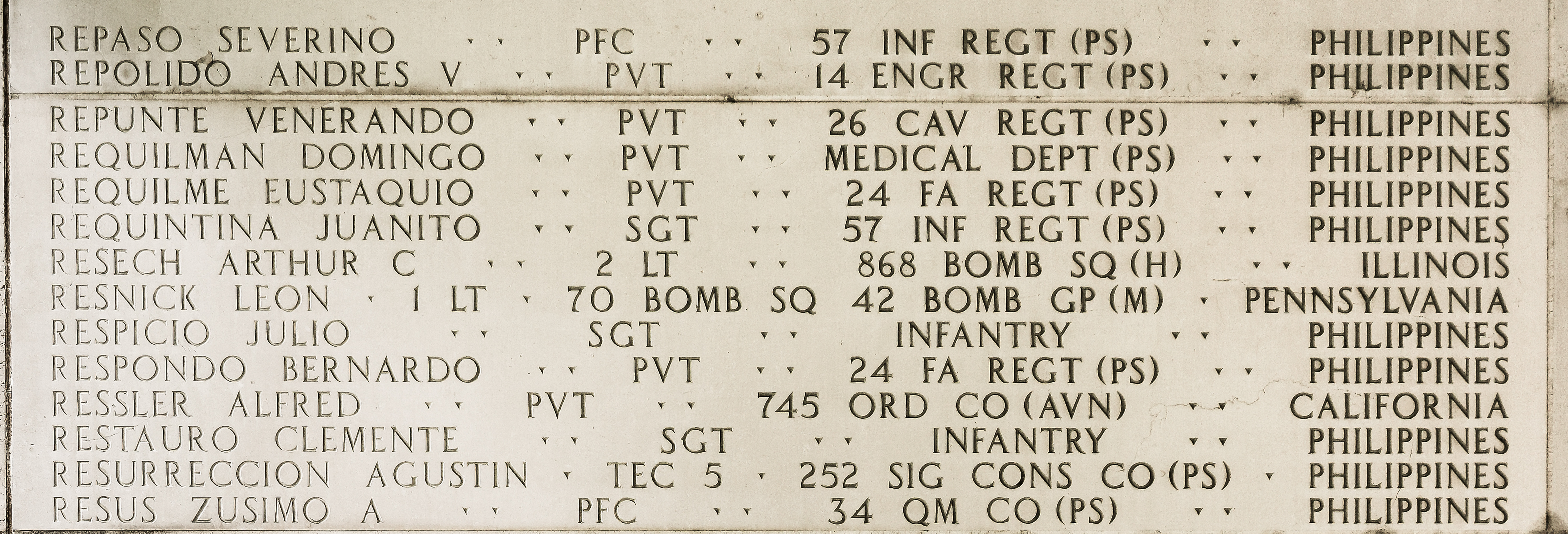 Arthur C. Resech, Second Lieutenant